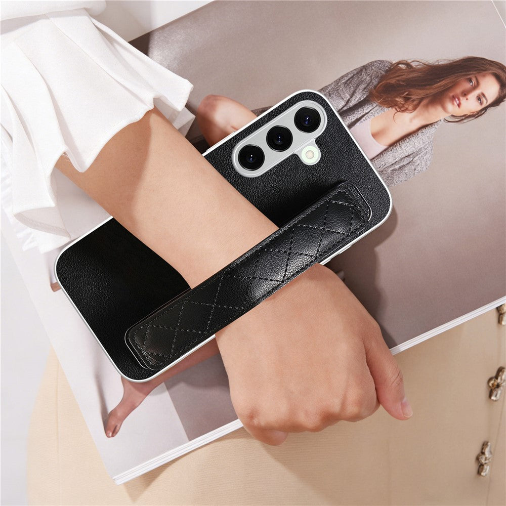 For Samsung Galaxy S24 Case PU Leather Coated PC + TPU Protective Phone Cover with Quilted Wrist Strap