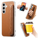 For Samsung Galaxy S24 Case PU Leather Coated PC + TPU Protective Phone Cover with Quilted Wrist Strap