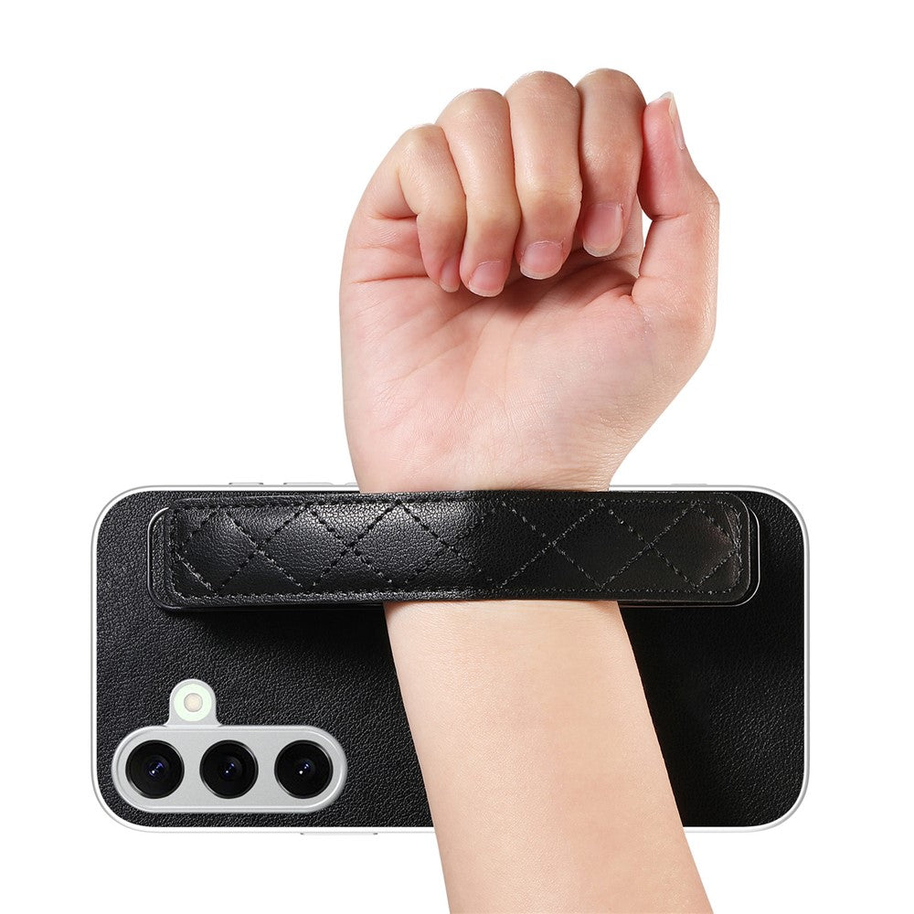 For Samsung Galaxy S24+ Case PU Leather Coated PC + TPU Protective Phone Cover with Quilted Wrist Strap