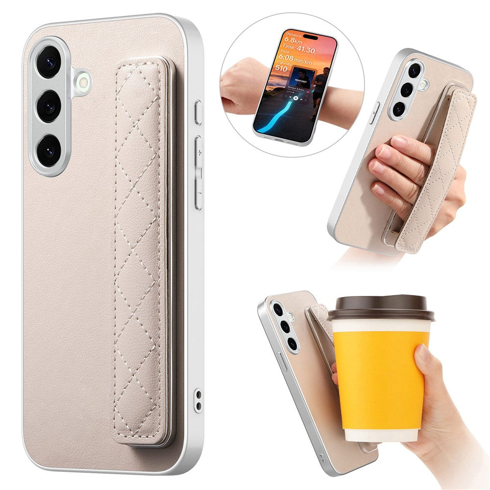 For Samsung Galaxy S24+ Case PU Leather Coated PC + TPU Protective Phone Cover with Quilted Wrist Strap