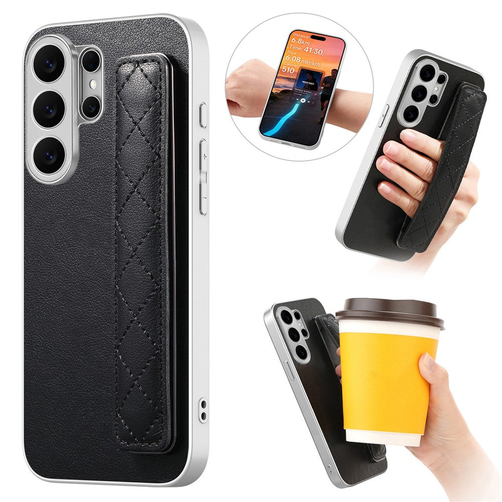 For Samsung Galaxy S24 Ultra Case PU Leather Coated PC + TPU Protective Phone Cover with Quilted Wrist Strap
