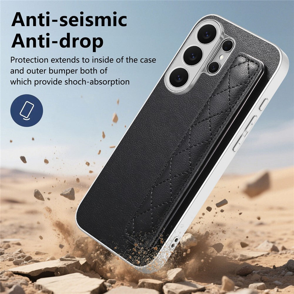 For Samsung Galaxy S24 Ultra Case PU Leather Coated PC + TPU Protective Phone Cover with Quilted Wrist Strap