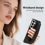 For Samsung Galaxy S24 Ultra Case PU Leather Coated PC + TPU Protective Phone Cover with Quilted Wrist Strap