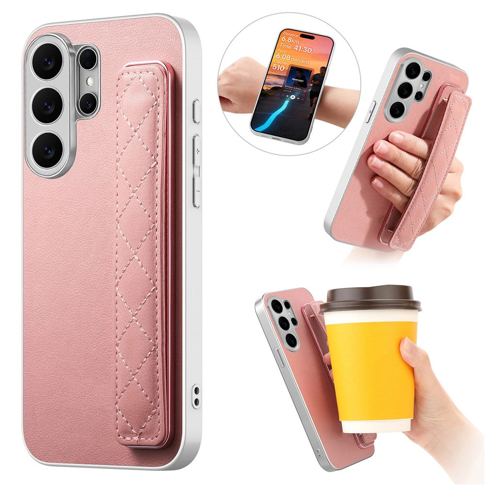 For Samsung Galaxy S24 Ultra Case PU Leather Coated PC + TPU Protective Phone Cover with Quilted Wrist Strap