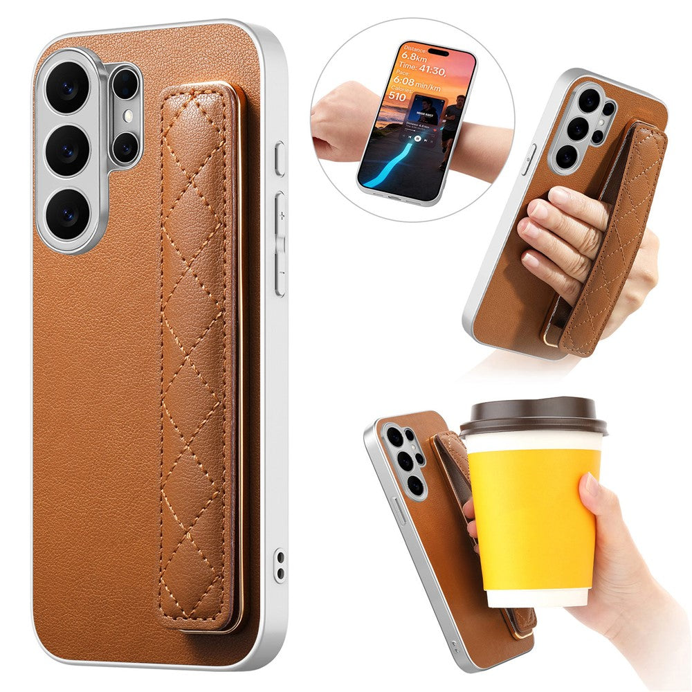 For Samsung Galaxy S24 Ultra Case PU Leather Coated PC + TPU Protective Phone Cover with Quilted Wrist Strap