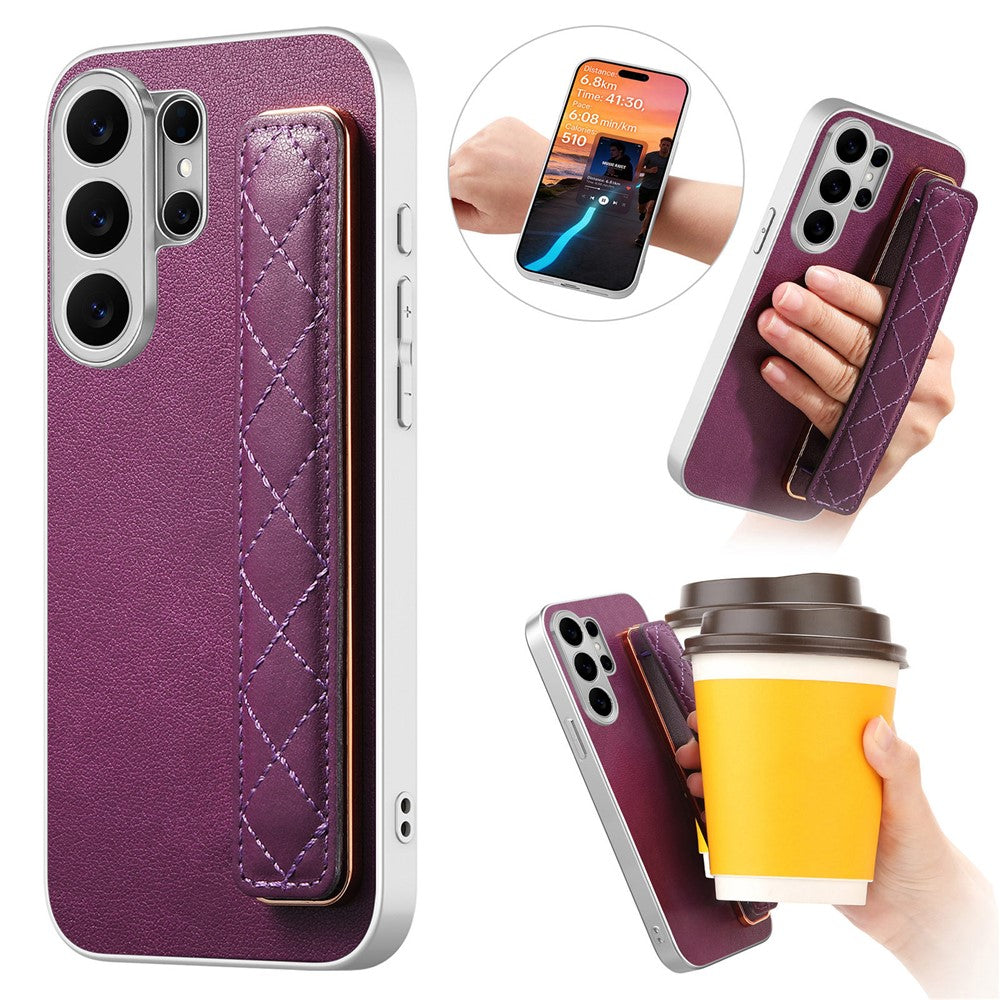 For Samsung Galaxy S24 Ultra Case PU Leather Coated PC + TPU Protective Phone Cover with Quilted Wrist Strap