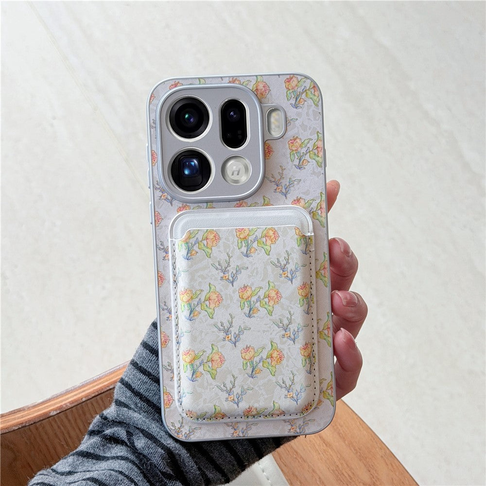 For Oppo Find X9 Pro 5G Magnetic Case with Detachable Card Holder Floral Pattern Anti-Drop Phone Cover