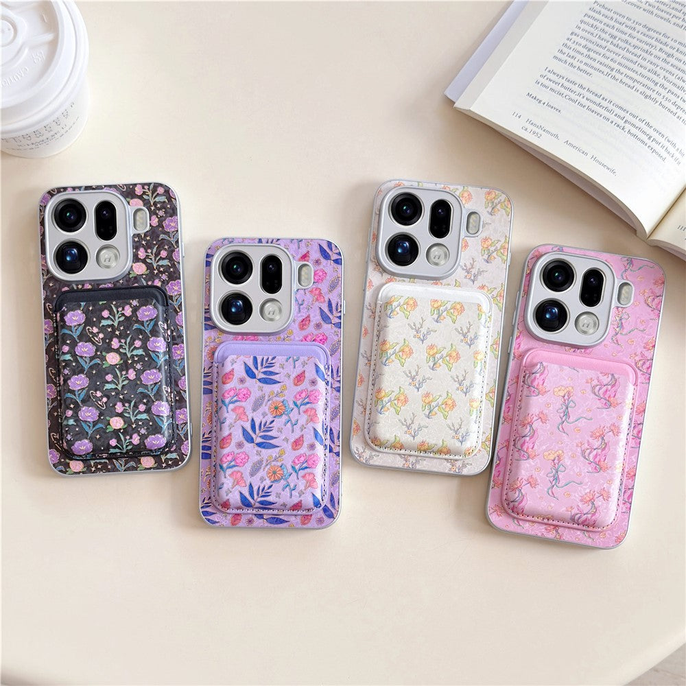 For Oppo Find X9 Pro 5G Magnetic Case with Detachable Card Holder Floral Pattern Anti-Drop Phone Cover
