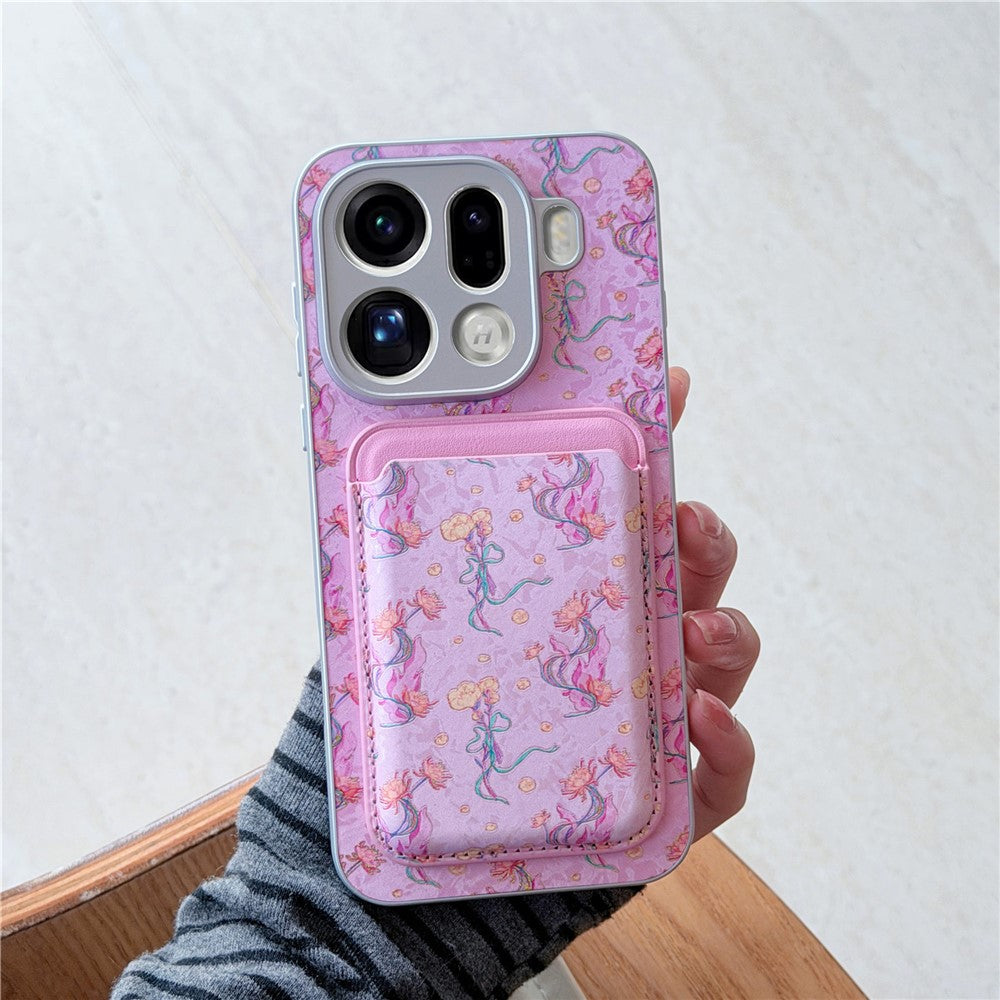 For Oppo Find X9 Pro 5G Magnetic Case with Detachable Card Holder Floral Pattern Anti-Drop Phone Cover