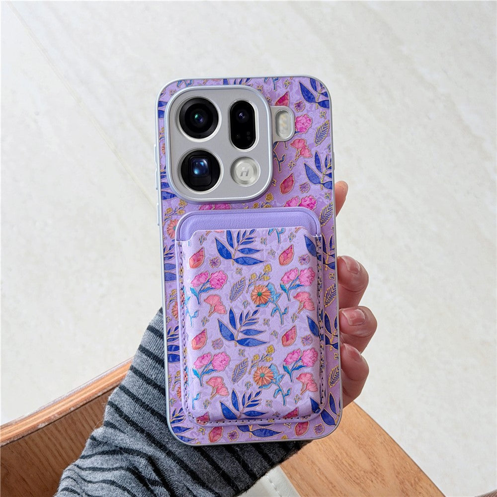 For Oppo Find X9 Pro 5G Magnetic Case with Detachable Card Holder Floral Pattern Anti-Drop Phone Cover