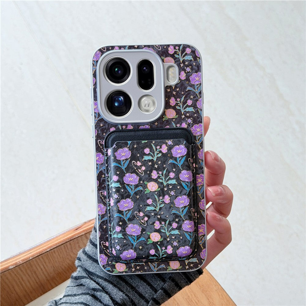 For Oppo Find X9 Pro 5G Magnetic Case with Detachable Card Holder Floral Pattern Anti-Drop Phone Cover