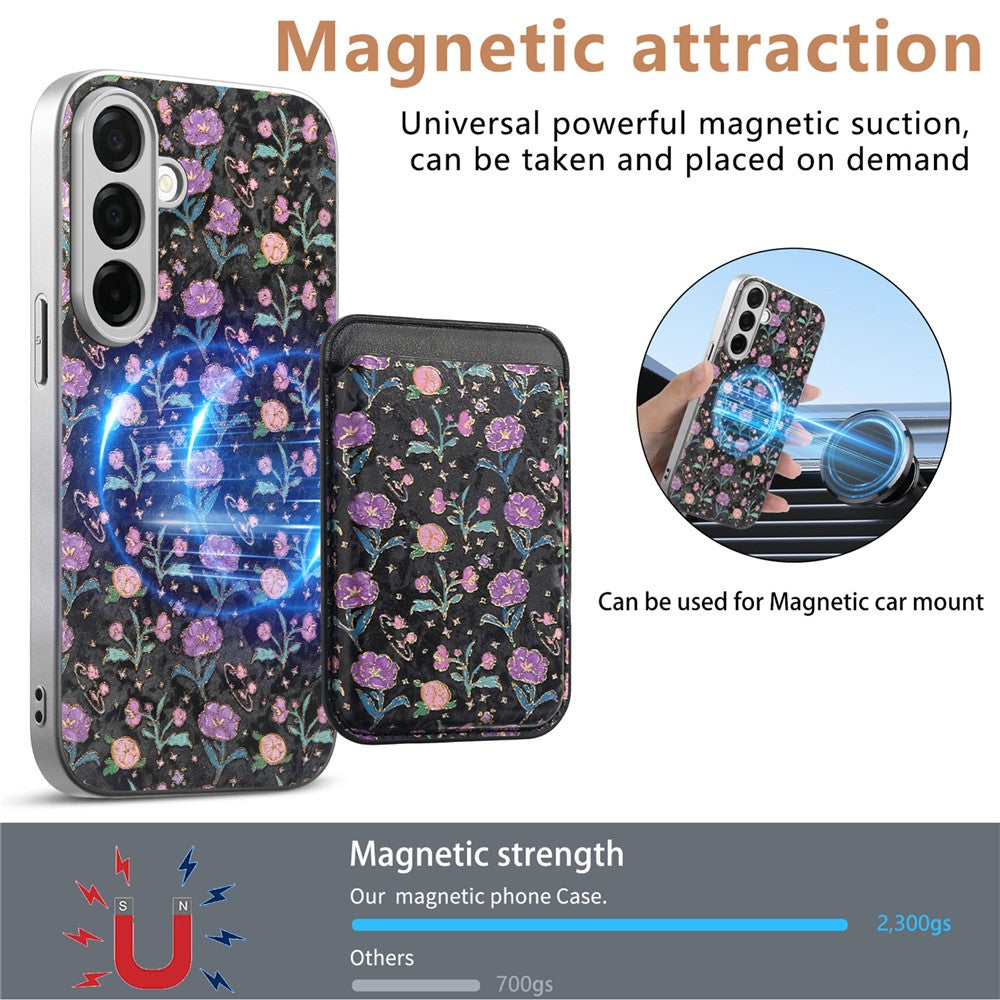 Magnetiskt skal med avtagbar korthållare, blommönster, fallskyddande mobilskal för Samsung Galaxy S26+