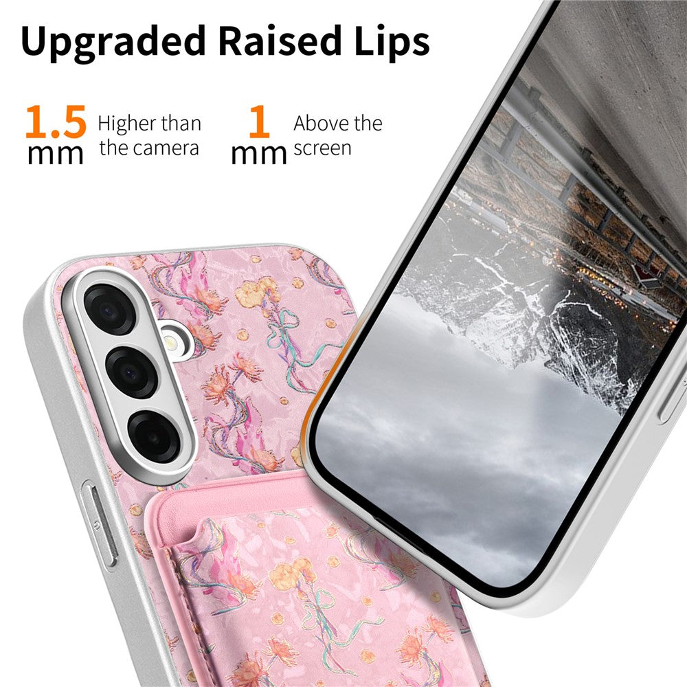 Magnetisk cover til Samsung Galaxy S25 med aftagelig kortholder, blomstermønster og stødsikkert mobilcover