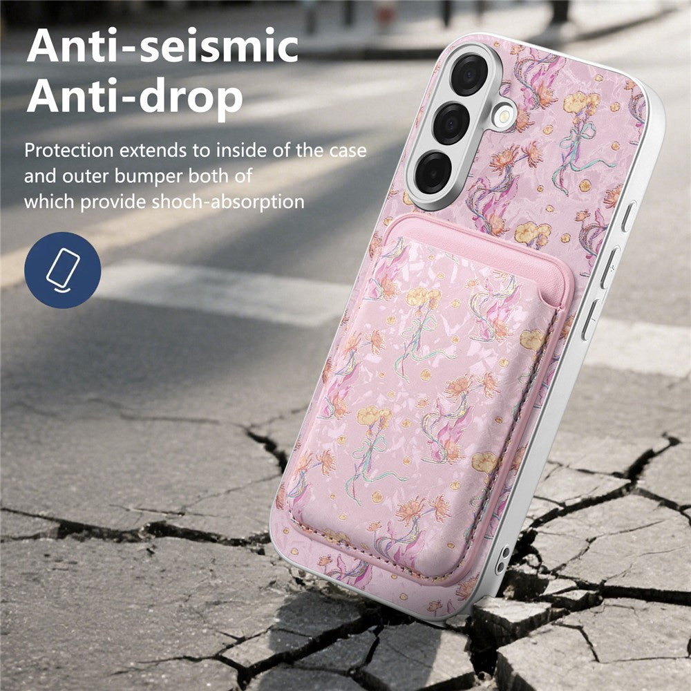 Magnetisk cover til Samsung Galaxy S25 med aftagelig kortholder, blomstermønster og stødsikkert mobilcover