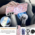 Magnetisk cover til Samsung Galaxy S25 med aftagelig kortholder, blomstermønster og stødsikkert mobilcover