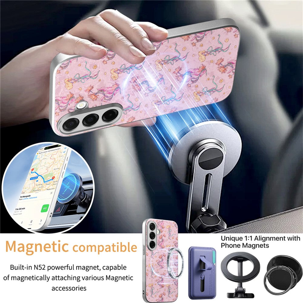 Magnetisk cover til Samsung Galaxy S25 med aftagelig kortholder, blomstermønster og stødsikkert mobilcover