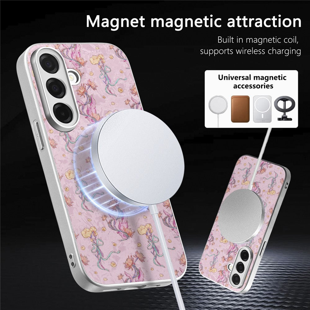 Magnetisk cover til Samsung Galaxy S25 med aftagelig kortholder, blomstermønster og stødsikkert mobilcover