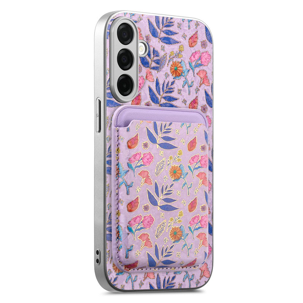 For Samsung Galaxy S25 Magnetic Case with Detachable Card Holder Floral Pattern Anti-Drop Phone Cover