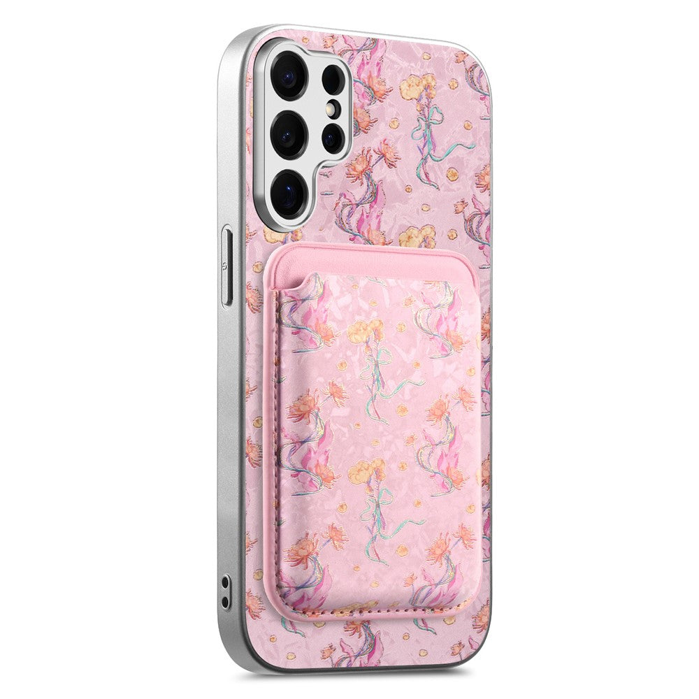 For Samsung Galaxy S25 Ultra Magnetic Case with Detachable Card Holder Floral Pattern Anti-Drop Phone Cover