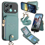 For Oppo Find X9 Pro 5G Case Card Holder Zipper Pocket Heart Pattern Leather Phone Back Cover with Crossbody Strap