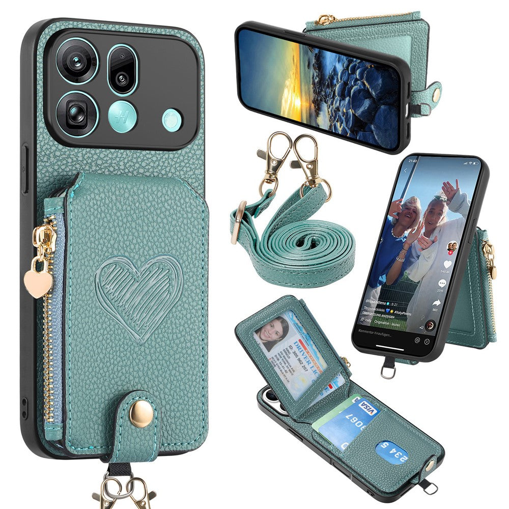 For Oppo Find X9 Pro 5G Case Card Holder Zipper Pocket Heart Pattern Leather Phone Back Cover with Crossbody Strap