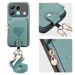 For Oppo Find X9 Pro 5G Case Card Holder Zipper Pocket Heart Pattern Leather Phone Back Cover with Crossbody Strap
