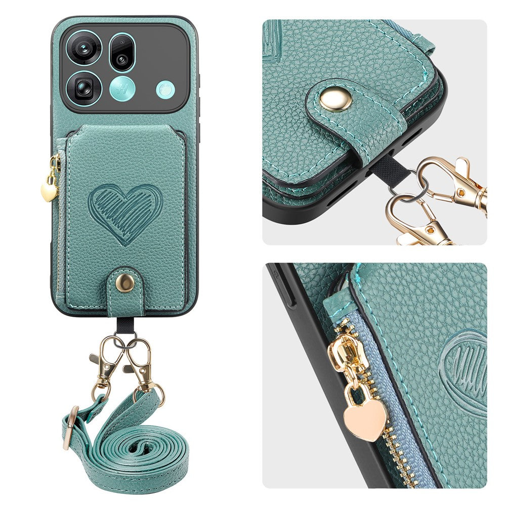 For Oppo Find X9 Pro 5G Case Card Holder Zipper Pocket Heart Pattern Leather Phone Back Cover with Crossbody Strap