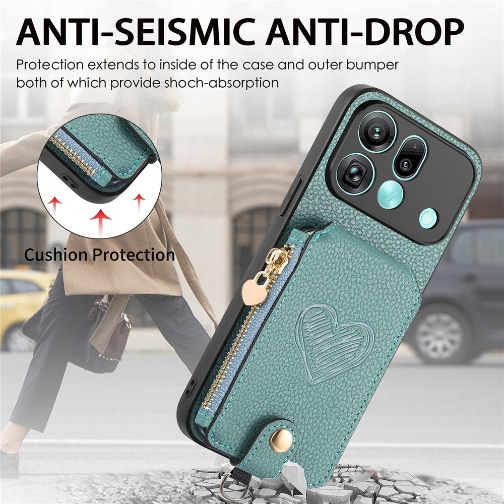 For Oppo Find X9 Pro 5G Case Card Holder Zipper Pocket Heart Pattern Leather Phone Back Cover with Crossbody Strap