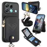 For Oppo Find X9 Pro 5G Case Card Holder Zipper Pocket Heart Pattern Leather Phone Back Cover with Crossbody Strap