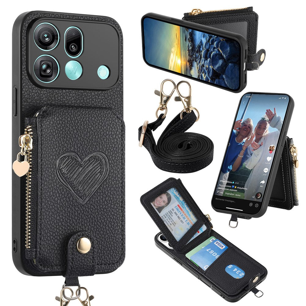 For Oppo Find X9 Pro 5G Case Card Holder Zipper Pocket Heart Pattern Leather Phone Back Cover with Crossbody Strap