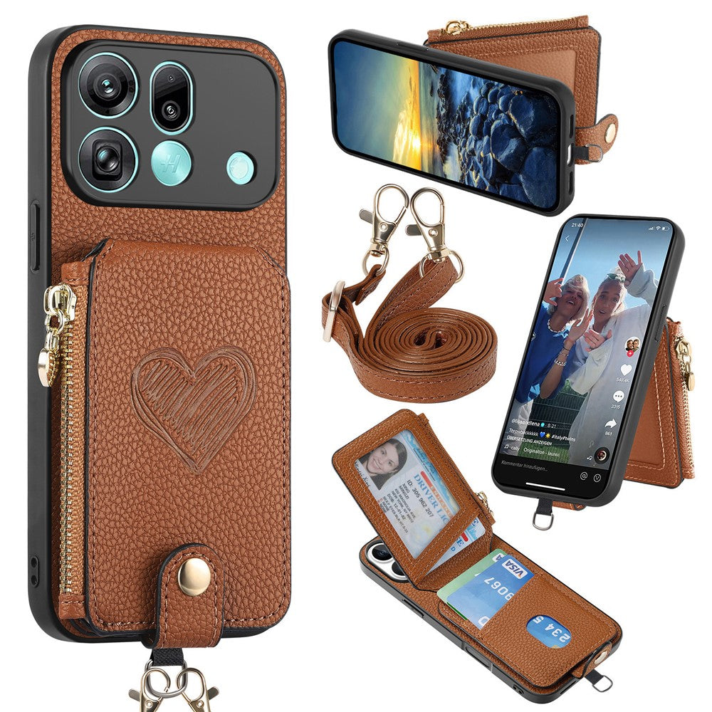 For Oppo Find X9 Pro 5G Case Card Holder Zipper Pocket Heart Pattern Leather Phone Back Cover with Crossbody Strap