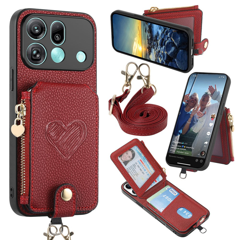 For Oppo Find X9 Pro 5G Case Card Holder Zipper Pocket Heart Pattern Leather Phone Back Cover with Crossbody Strap
