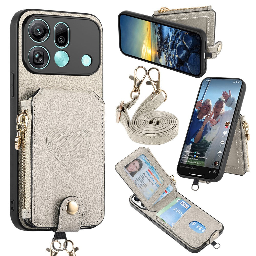 For Oppo Find X9 Pro 5G Case Card Holder Zipper Pocket Heart Pattern Leather Phone Back Cover with Crossbody Strap