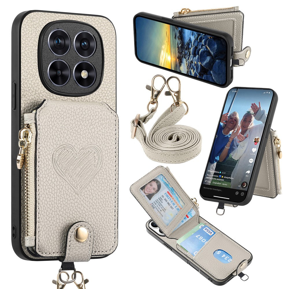 For Xiaomi Redmi Note 15 Pro 5G (Global) Case Card Holder Zipper Pocket Heart Pattern Leather Phone Back Cover with Crossbody Strap