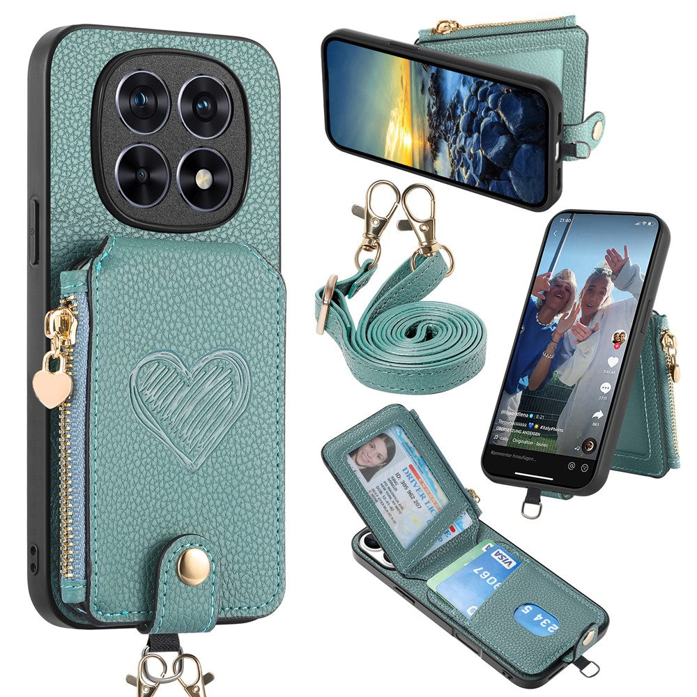 For Xiaomi Redmi Note 15 Pro+ 5G (Global) / Poco M8 Pro 5G Case Card Holder Zipper Pocket Heart Pattern Leather Phone Back Cover with Crossbody Strap