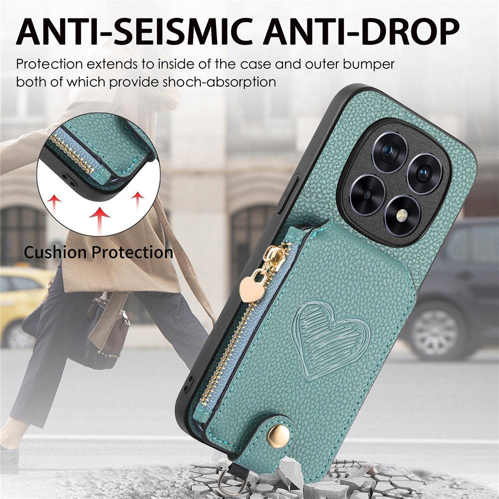 For Xiaomi Redmi Note 15 Pro+ 5G (Global) / Poco M8 Pro 5G Case Card Holder Zipper Pocket Heart Pattern Leather Phone Back Cover with Crossbody Strap