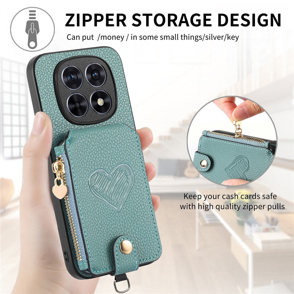 For Xiaomi Redmi Note 15 Pro+ 5G (Global) / Poco M8 Pro 5G Case Card Holder Zipper Pocket Heart Pattern Leather Phone Back Cover with Crossbody Strap