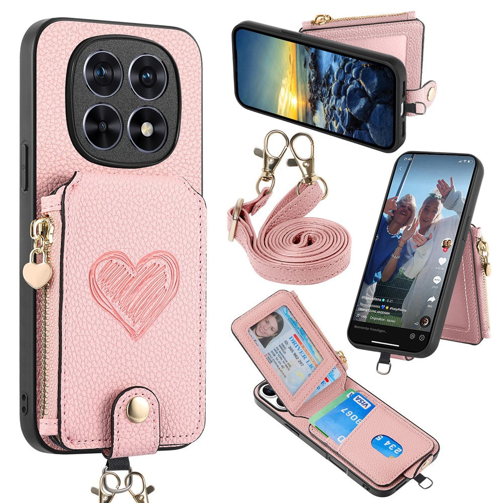 For Xiaomi Redmi Note 15 Pro+ 5G (Global) / Poco M8 Pro 5G Case Card Holder Zipper Pocket Heart Pattern Leather Phone Back Cover with Crossbody Strap