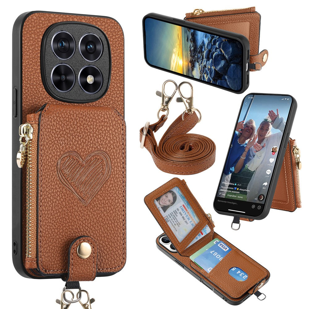 For Xiaomi Redmi Note 15 Pro+ 5G (Global) / Poco M8 Pro 5G Case Card Holder Zipper Pocket Heart Pattern Leather Phone Back Cover with Crossbody Strap