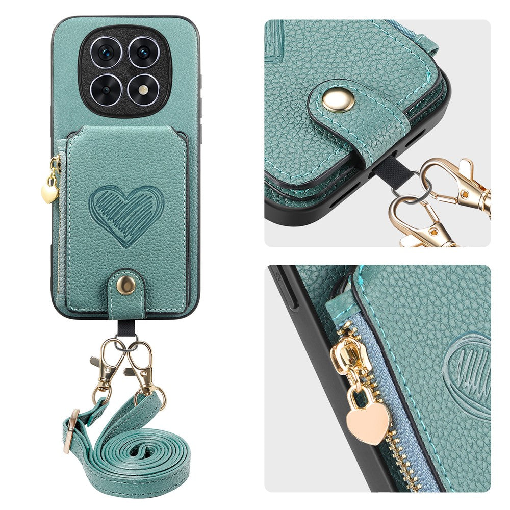 For Xiaomi Redmi Note 15 5G (Global) / Poco M8 5G Case Card Holder Zipper Pocket Heart Pattern Leather Phone Back Cover with Crossbody Strap