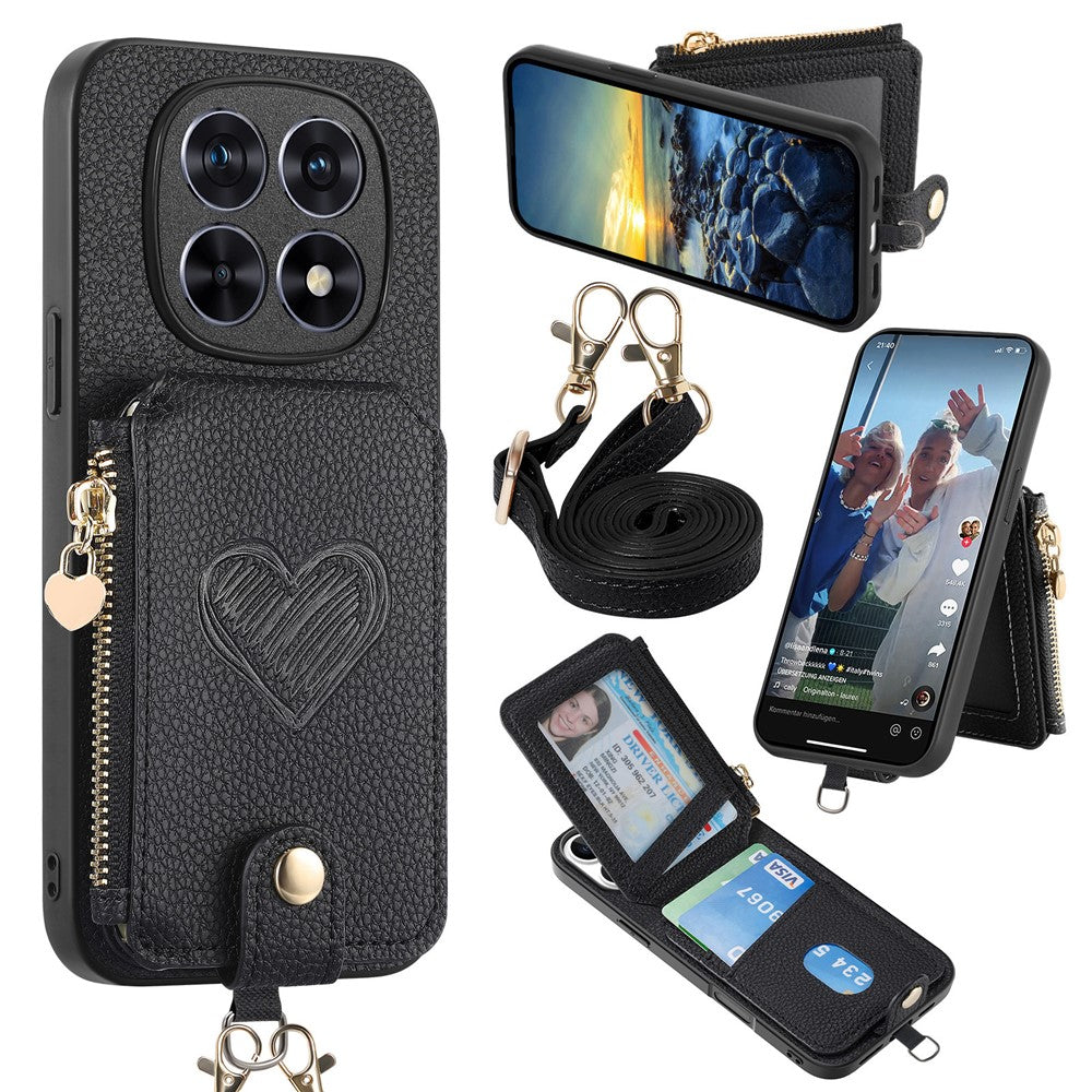 For Xiaomi Redmi Note 15 5G (Global) / Poco M8 5G Case Card Holder Zipper Pocket Heart Pattern Leather Phone Back Cover with Crossbody Strap