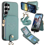 For Samsung Galaxy S25 Ultra Case Card Holder Zipper Pocket Heart Pattern Leather Phone Back Cover with Crossbody Strap
