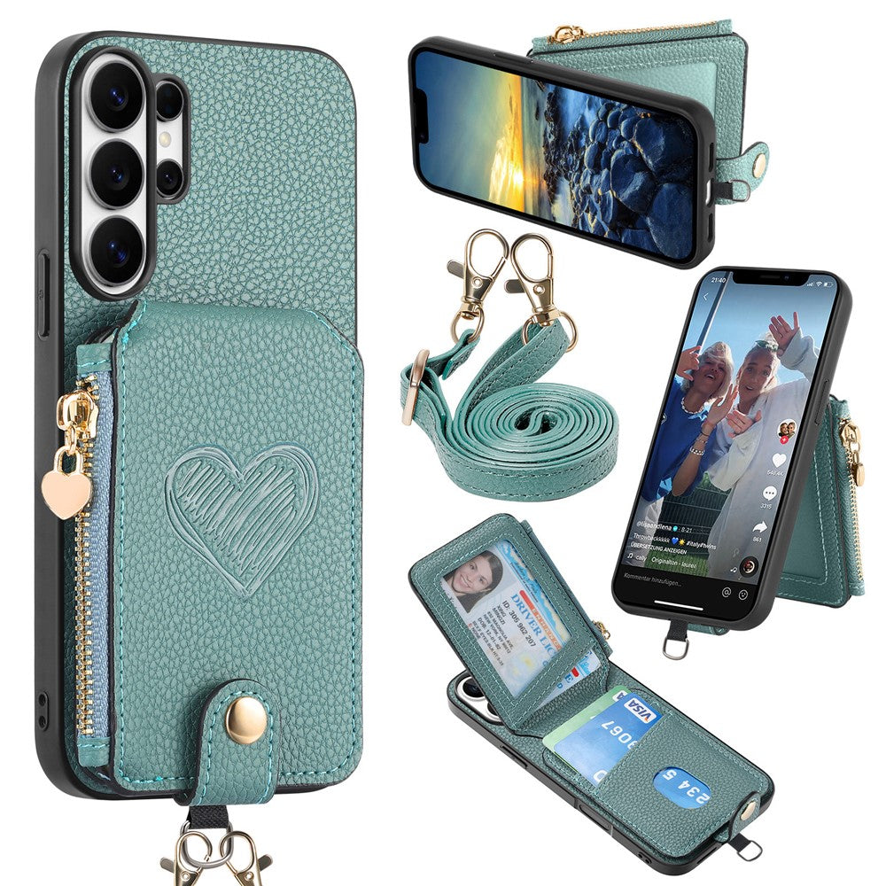 For Samsung Galaxy S25 Ultra Case Card Holder Zipper Pocket Heart Pattern Leather Phone Back Cover with Crossbody Strap