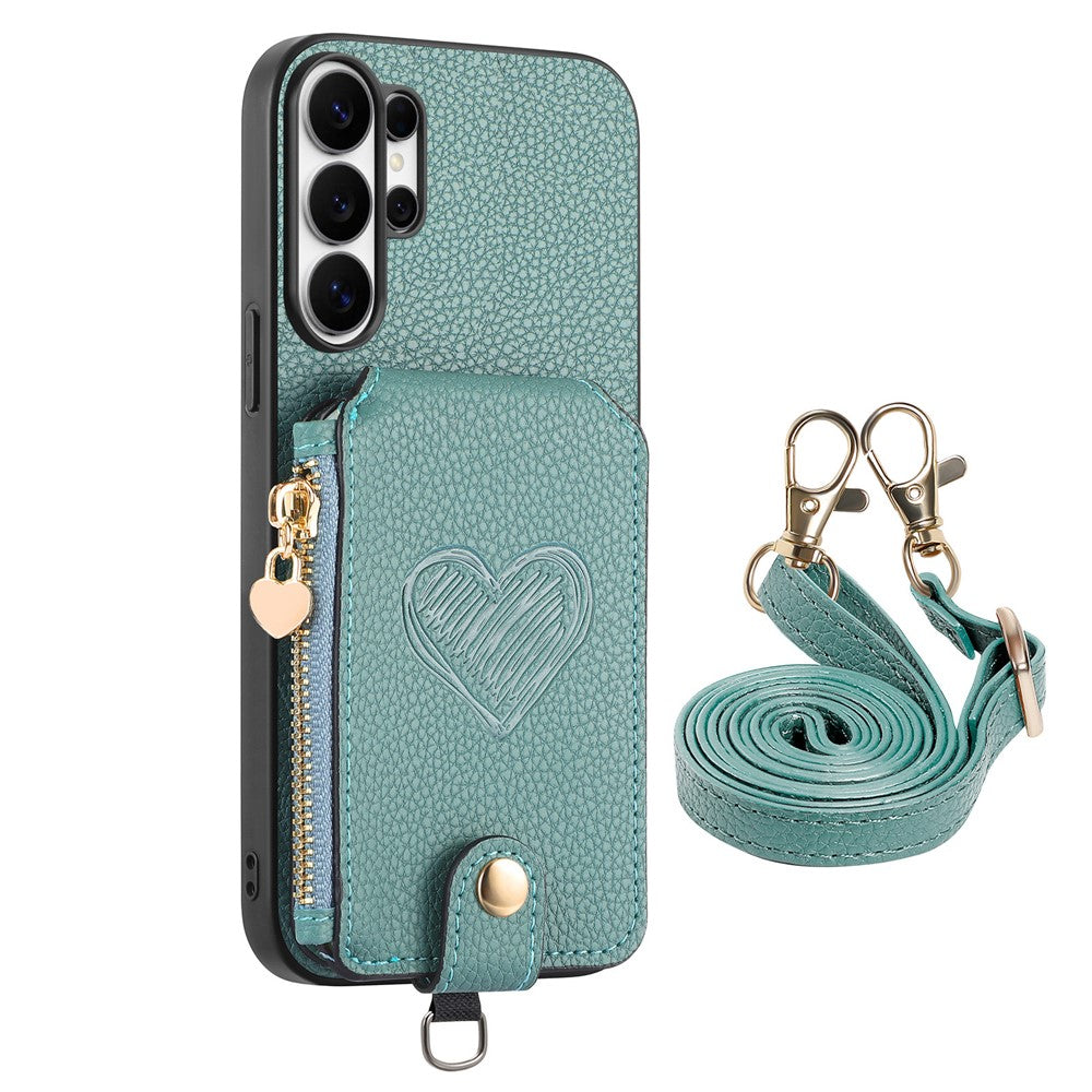 For Samsung Galaxy S25 Ultra Case Card Holder Zipper Pocket Heart Pattern Leather Phone Back Cover with Crossbody Strap
