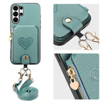 For Samsung Galaxy S25 Ultra Case Card Holder Zipper Pocket Heart Pattern Leather Phone Back Cover with Crossbody Strap