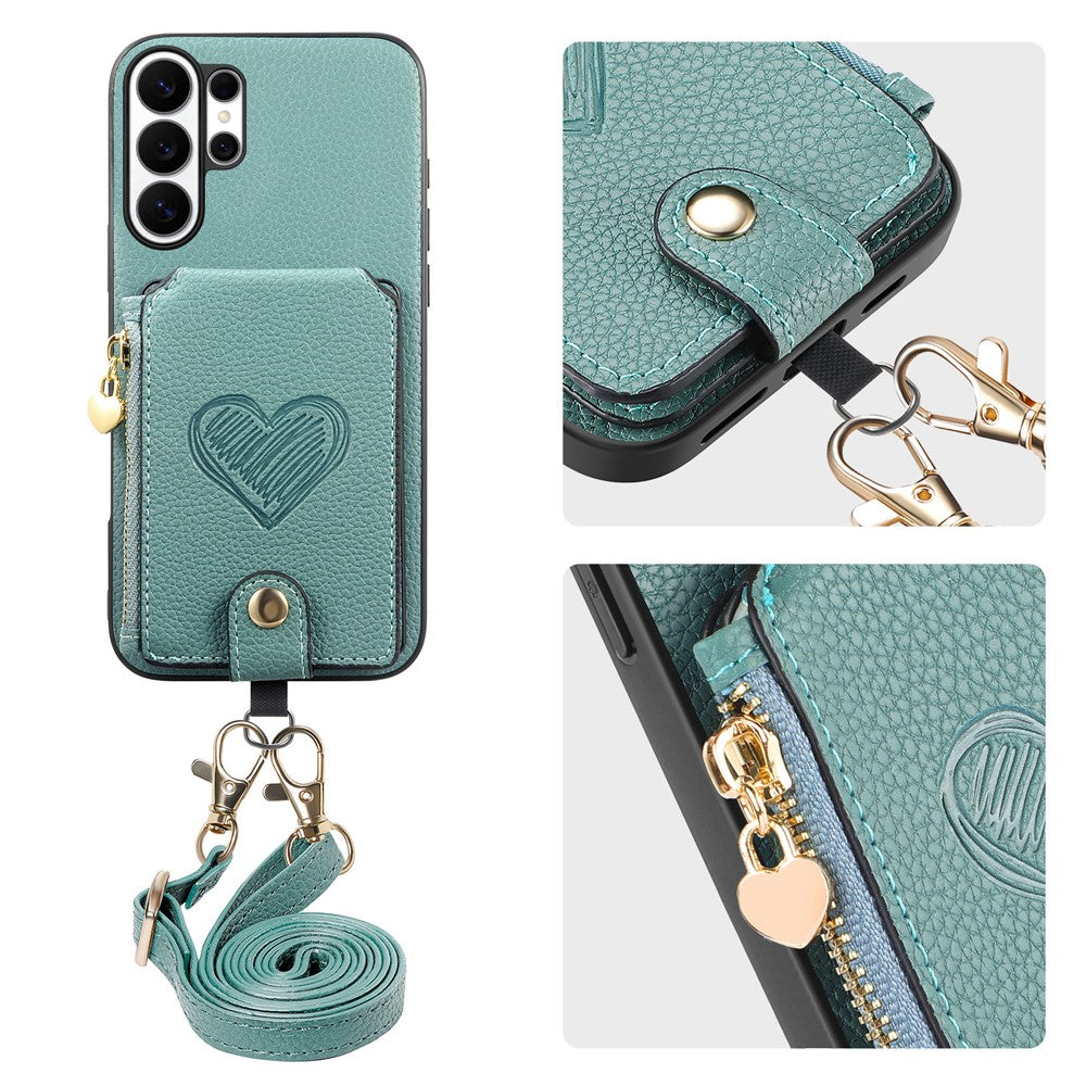 For Samsung Galaxy S25 Ultra Case Card Holder Zipper Pocket Heart Pattern Leather Phone Back Cover with Crossbody Strap
