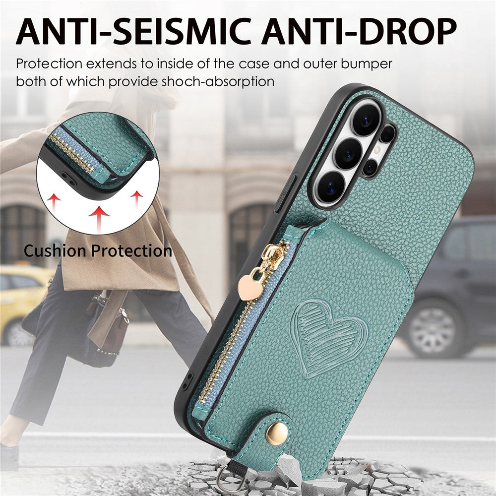 For Samsung Galaxy S25 Ultra Case Card Holder Zipper Pocket Heart Pattern Leather Phone Back Cover with Crossbody Strap