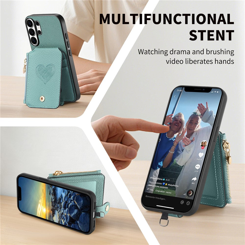 For Samsung Galaxy S25 Ultra Case Card Holder Zipper Pocket Heart Pattern Leather Phone Back Cover with Crossbody Strap