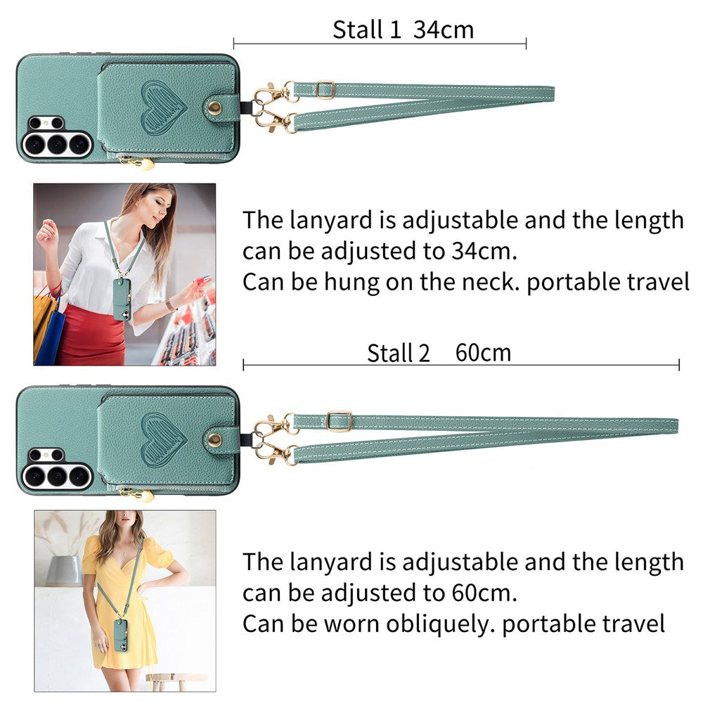 For Samsung Galaxy S25 Ultra Case Card Holder Zipper Pocket Heart Pattern Leather Phone Back Cover with Crossbody Strap