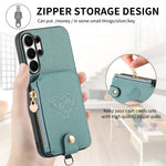 For Samsung Galaxy S25 Ultra Case Card Holder Zipper Pocket Heart Pattern Leather Phone Back Cover with Crossbody Strap